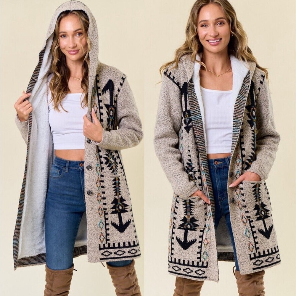 Cozy Hooded Aztec Knit Cardigan Sweater - Cream/Black